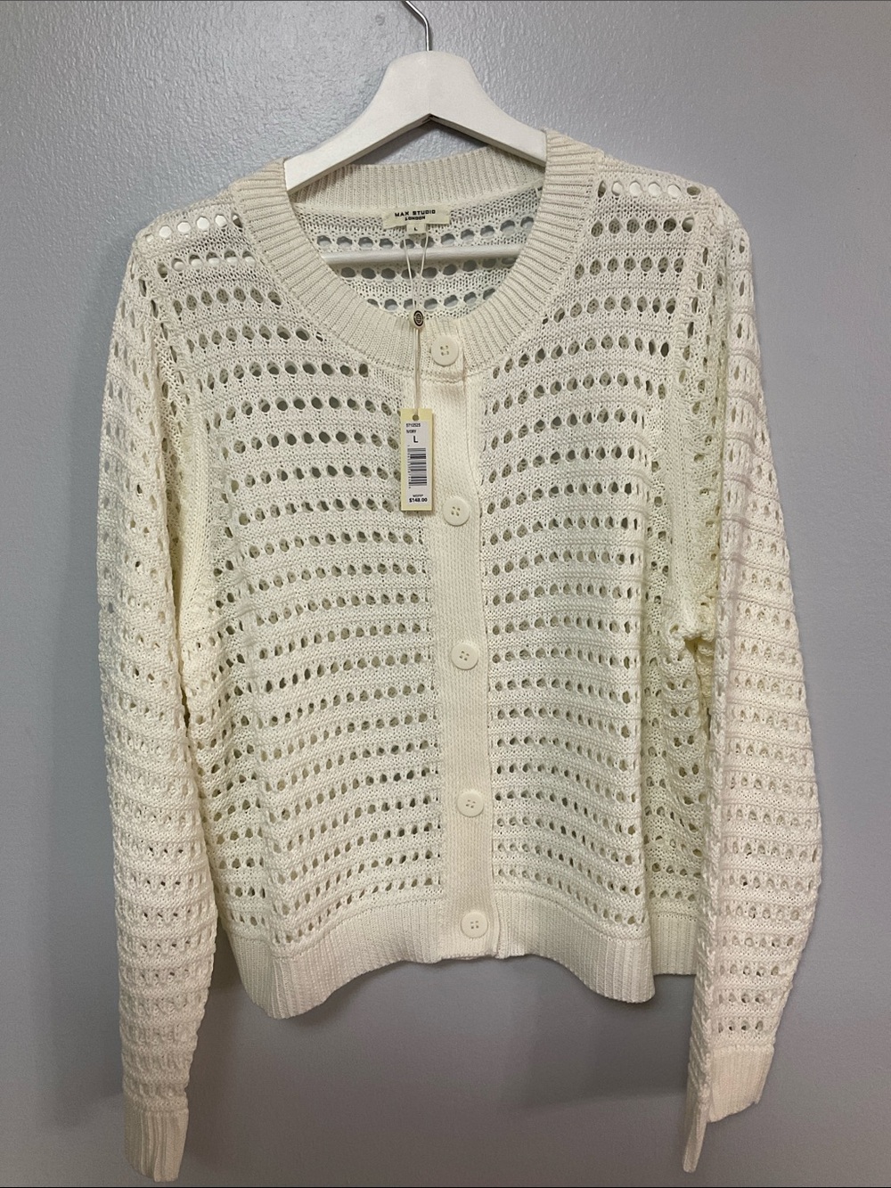 NWT MAX STUDIO LONDON Ivory Open Knit Cardigan Sweater Size L
